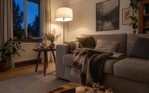 Wohnzimmer mit Stehleuchte, Sofa und Wolldecke in der Abenddämmerung
