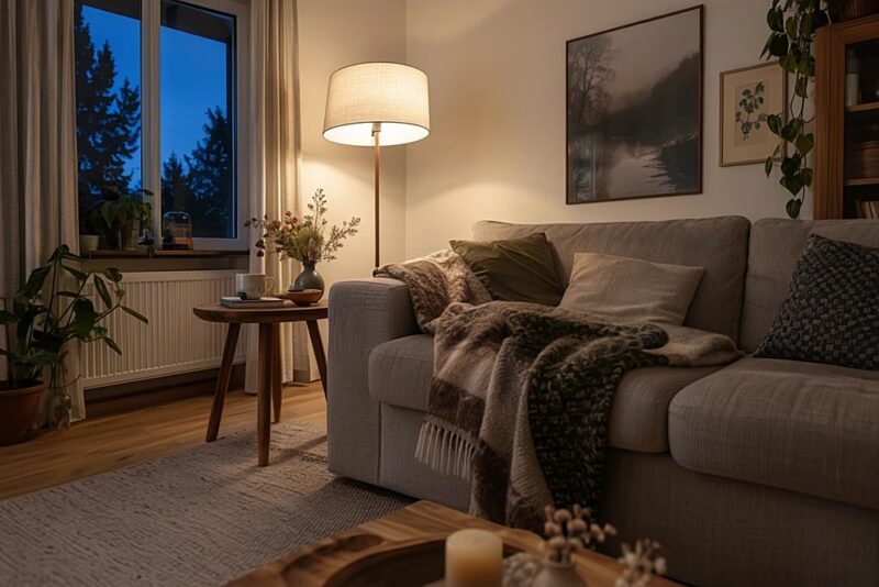 Wohnzimmer mit Stehleuchte, Sofa und Wolldecke in der Abenddämmerung